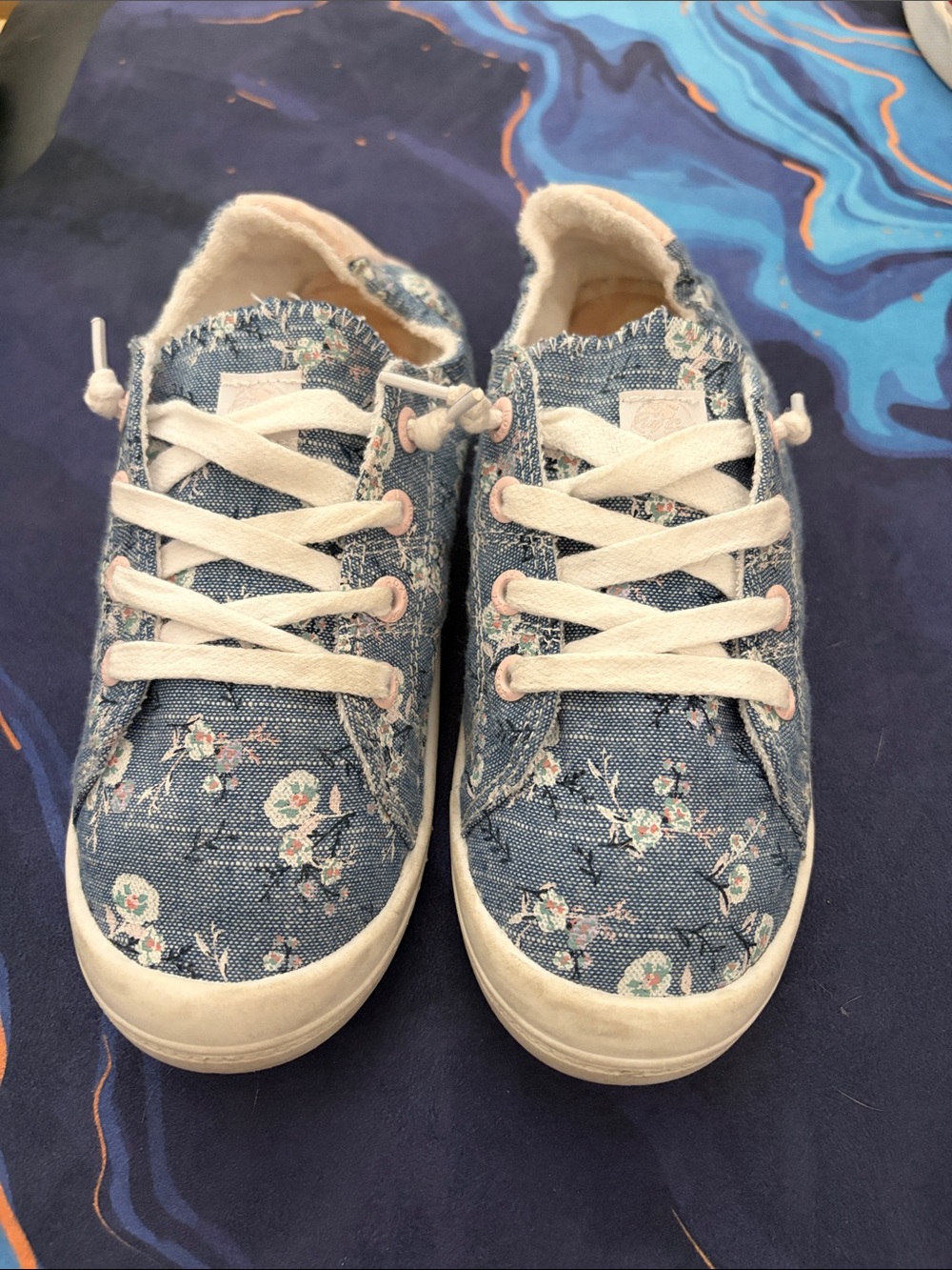 Roxy Girls Denim Floral Lace-Up Sneakers with White Accents